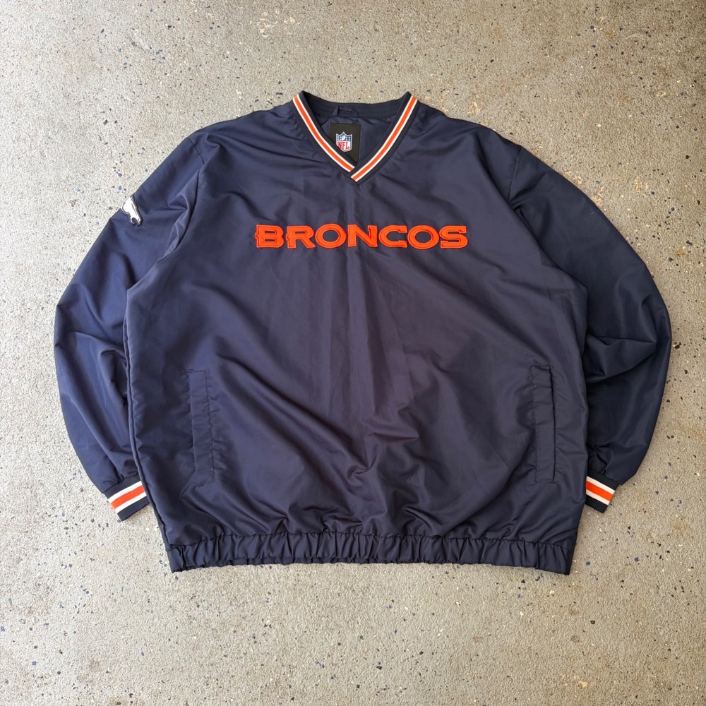NFL Denver Broncos V-Neck Windbreaker Pullover Navy Blue Orange XXL